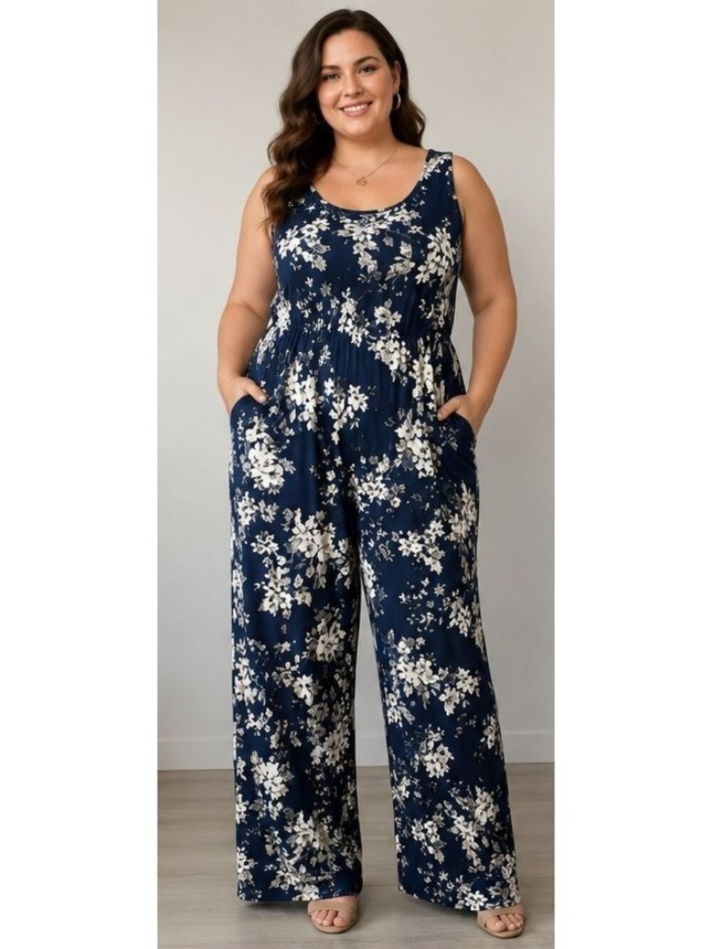 BumbleBella by Jill Martin 1X Floral Jumpsuit Wide Leg Blue White Boho Resort